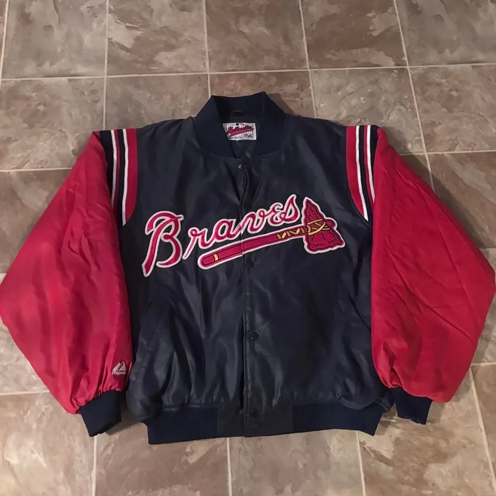 Vtg 90s Atlanta Braves Majestic Ath. navy/red bomber jacket, no flaws! Size XL
